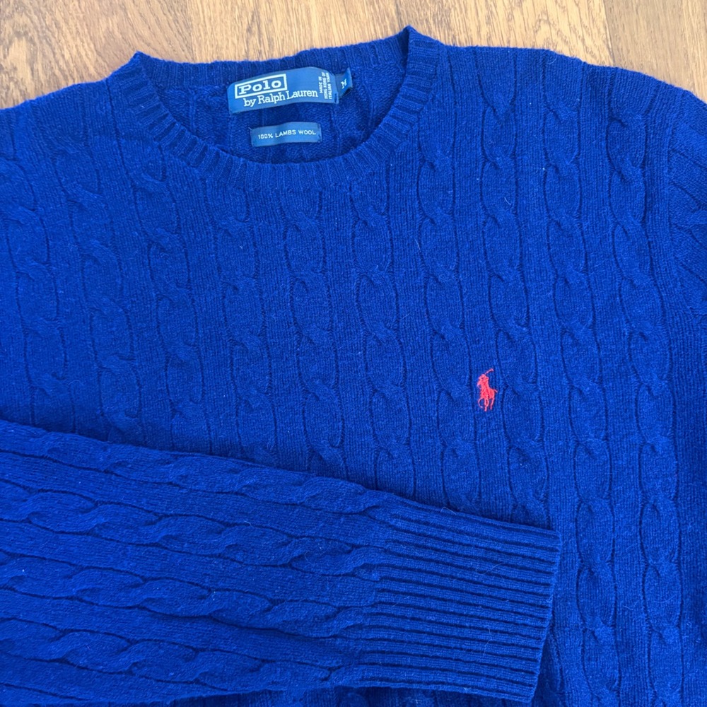 Vintage 90's Polo by Ralph Lauren Small Pony Wool Cable Knit Blue Sweater